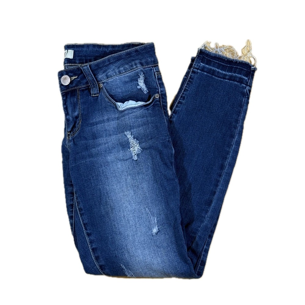 YMI Distressed Skinny Jeans Womens 5 Blue Dark Wash Frayed Hem Raw Edge Denim
